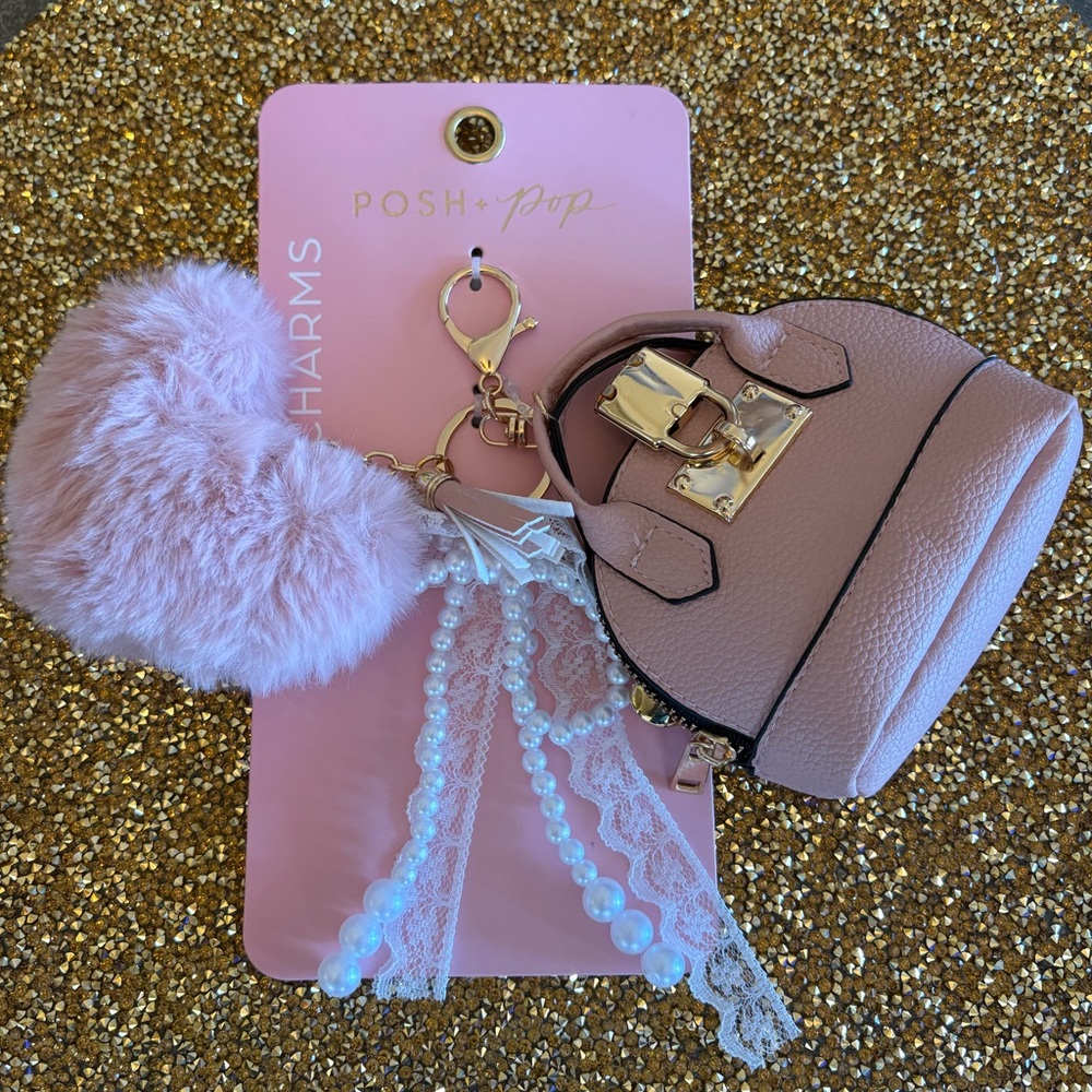 Posh + Pop NWT Pink Mini Handbag Key & Card Holder with Faux Fur Pom Charms - Picture 2 of 6